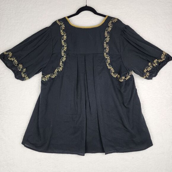 Denim 24/7 Women's Blac & Gold Floral Embroidered Boho Top Blouse Size 20 - Picture 2 of 9